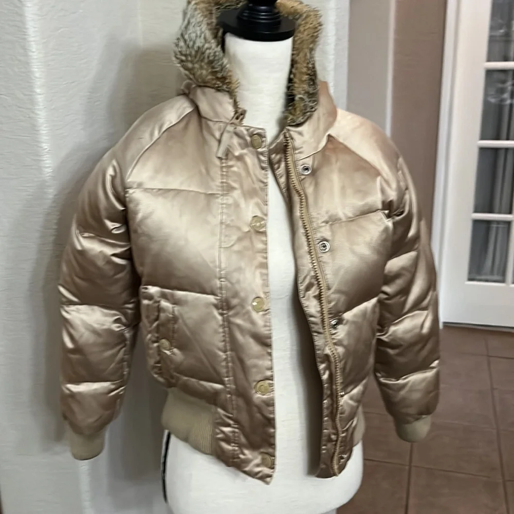 Old Navy tan/gold shiny puffer jacket with faux fur lined hood Size S